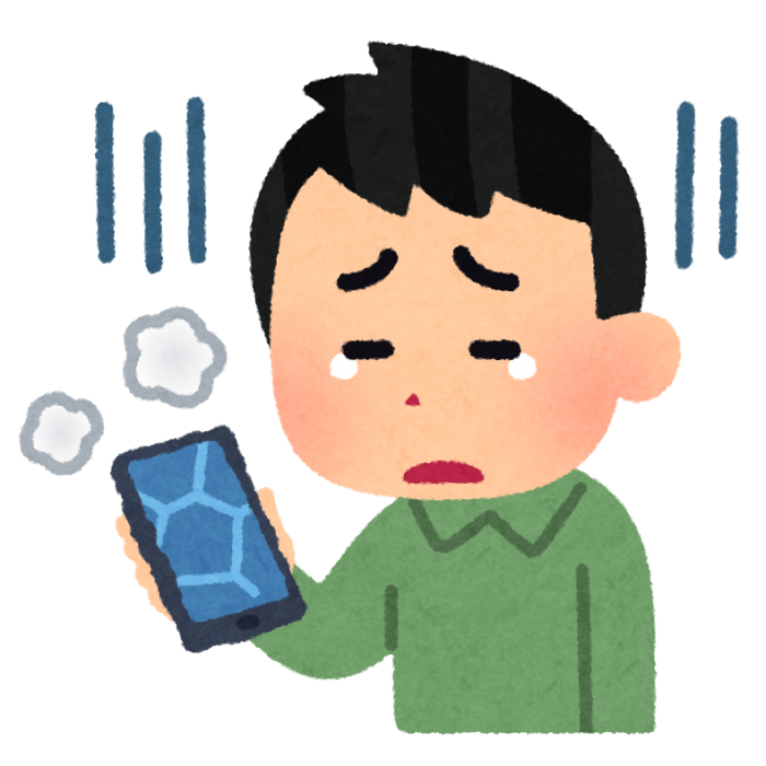 iPhoneの使い方がわからず、困っている様子のイラスト